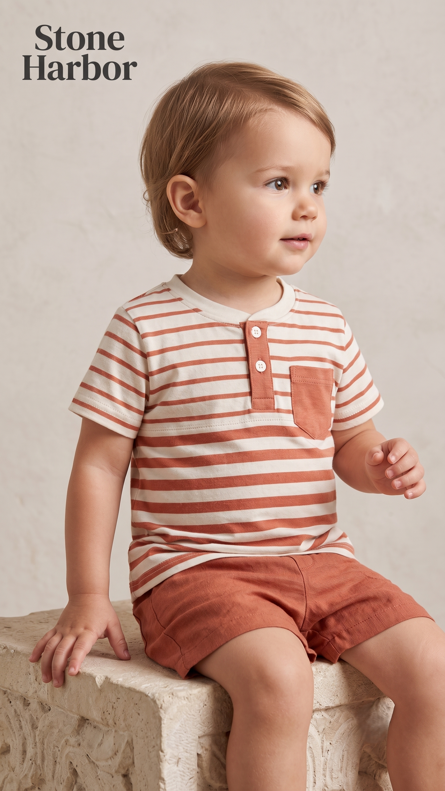 Stone Harbor Boys' Striped Henley T-Shirt with Front Pocket - Orange/Cream (BG-000846)