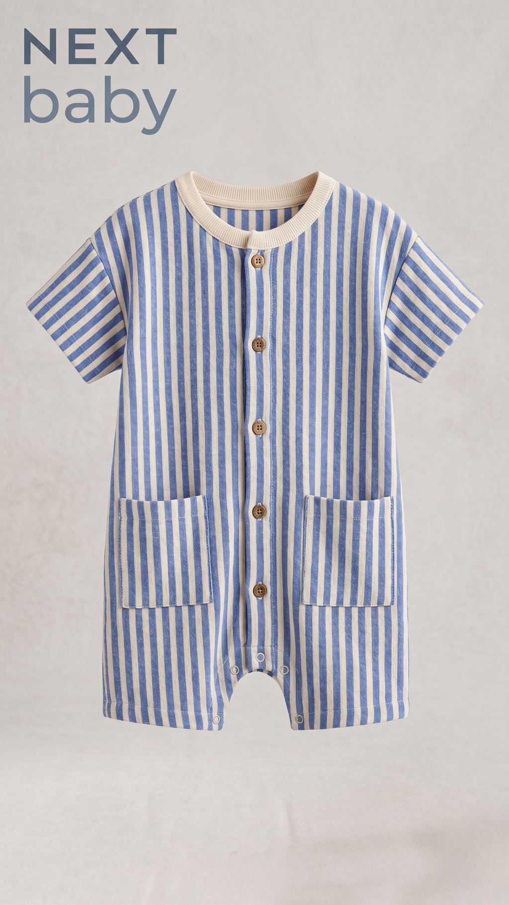 Next Baby Classic Blue & White Vertical Striped Pocket Romper (BG-000583)