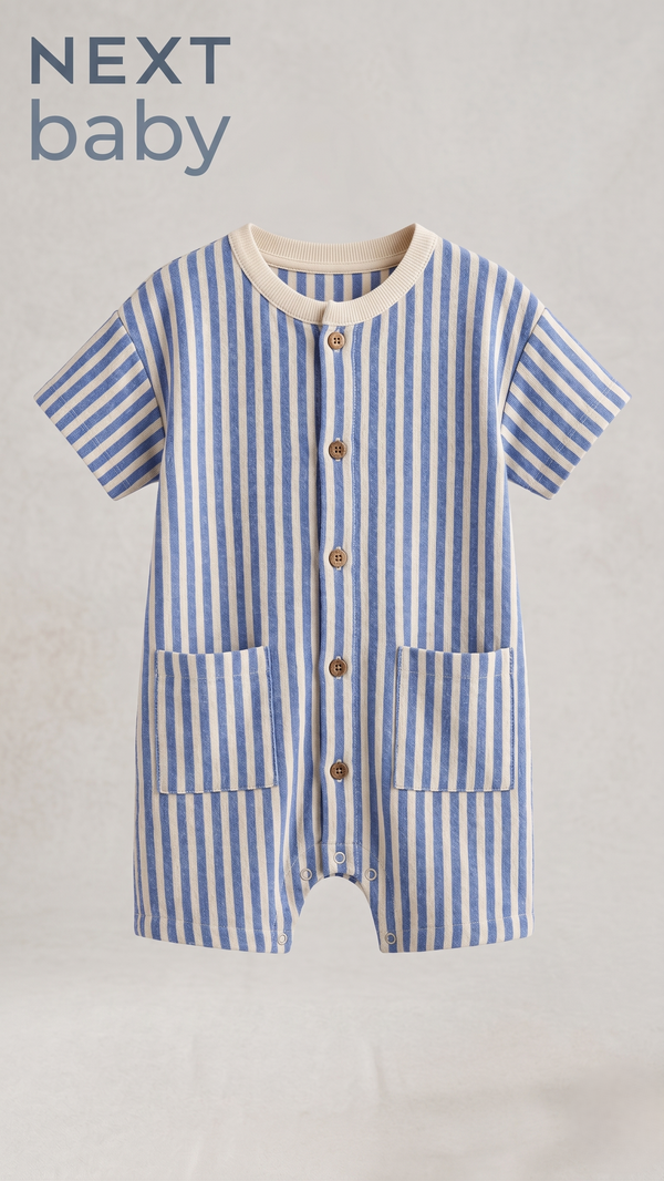 Next Baby Classic Blue & White Vertical Striped Pocket Romper (BG-000583)