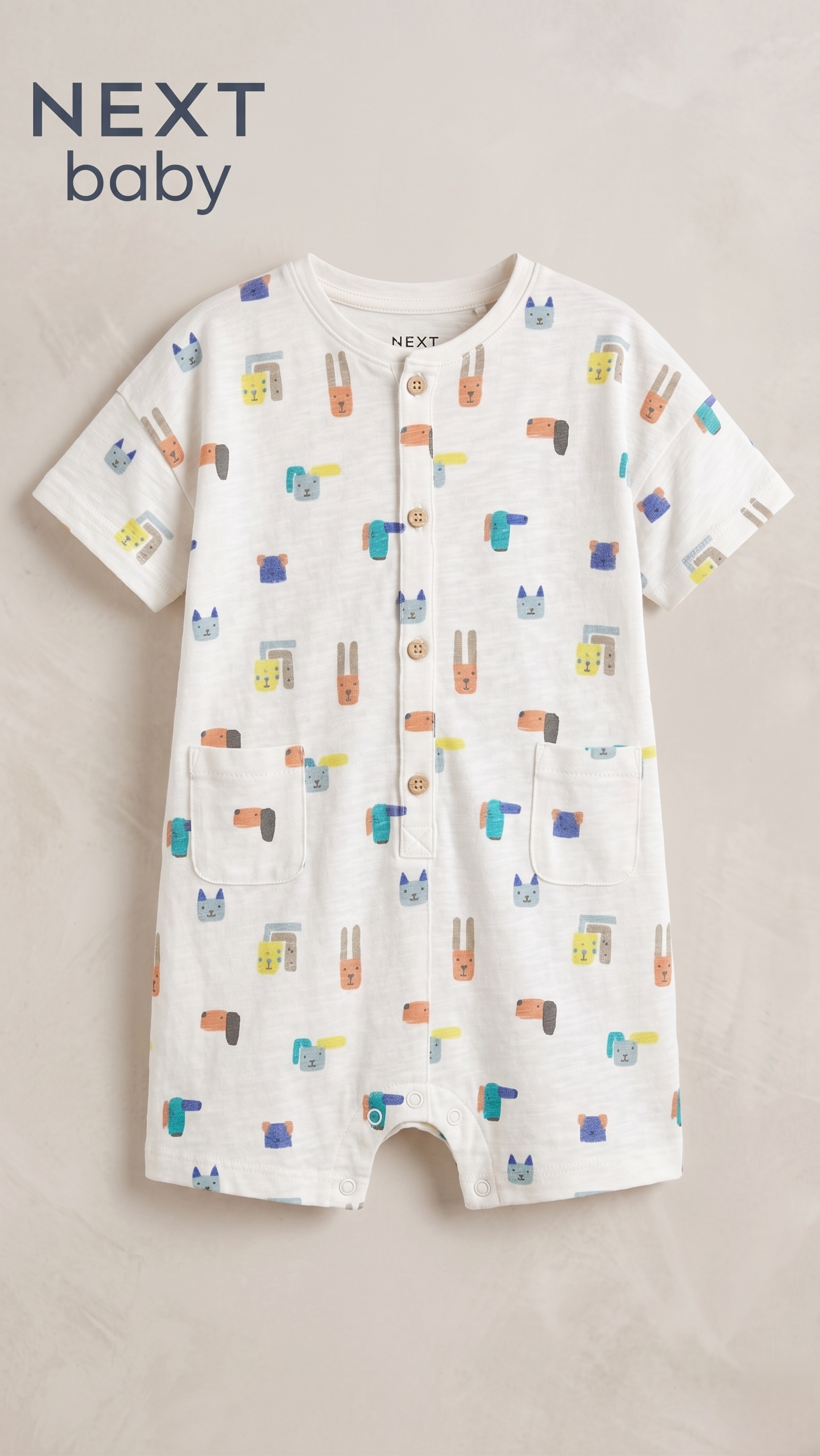 Next Baby White Geometric Animal Print Button-Front Romper (BG-000588)