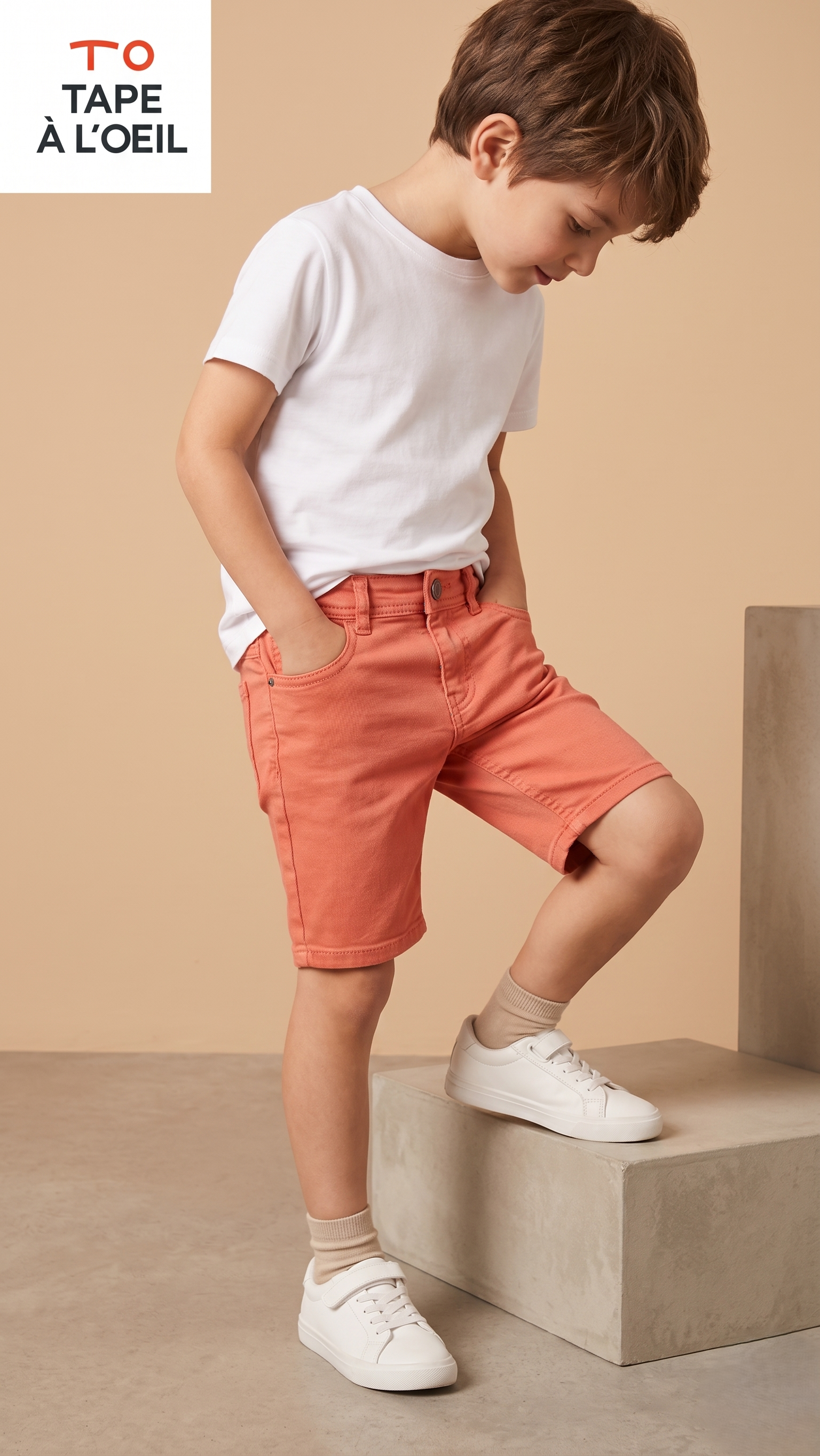 Boys Peach Denim Shorts Classic Five‑Pocket Casual Summer Wear (BG-000553)