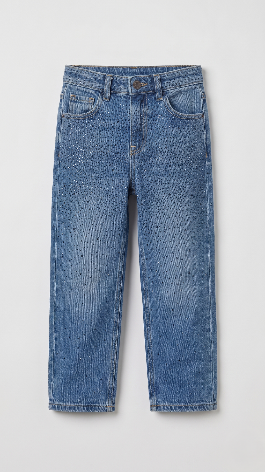 Blue Rhinestone Embellished Girls' Wide leg Jeans (BG-000682)