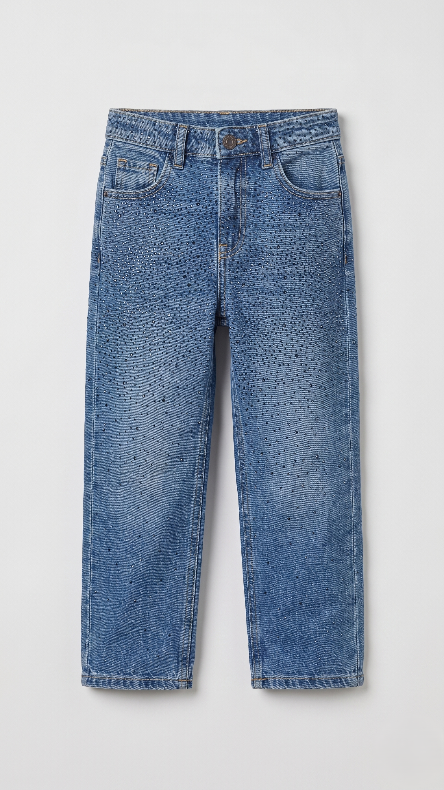 Blue Rhinestone Embellished Girls' Wide leg Jeans (BG-000682)