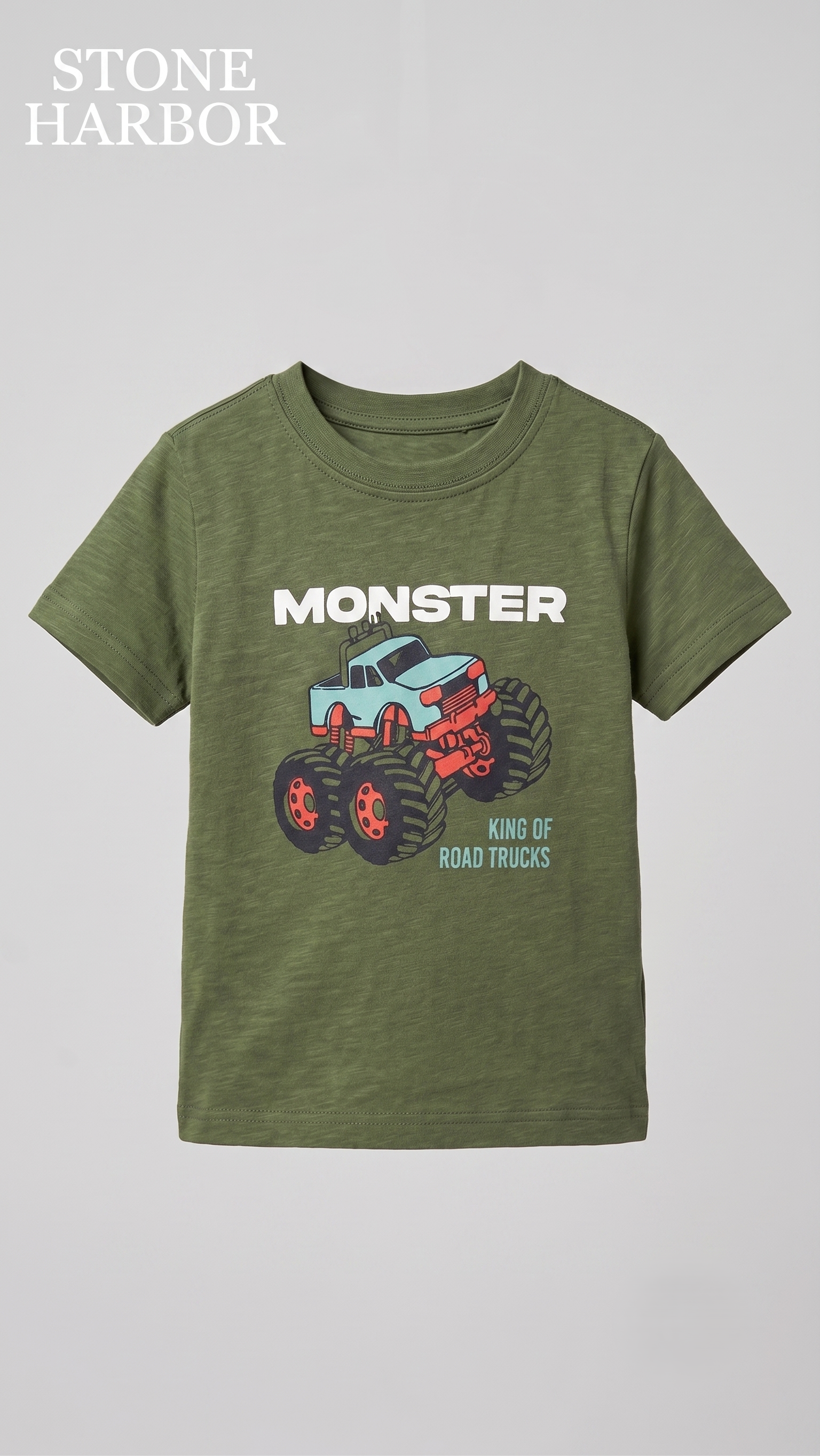 Stone Harbor Boys' Monster Truck "King of Road Trucks" Graphic Tee - Green (BG-000847)