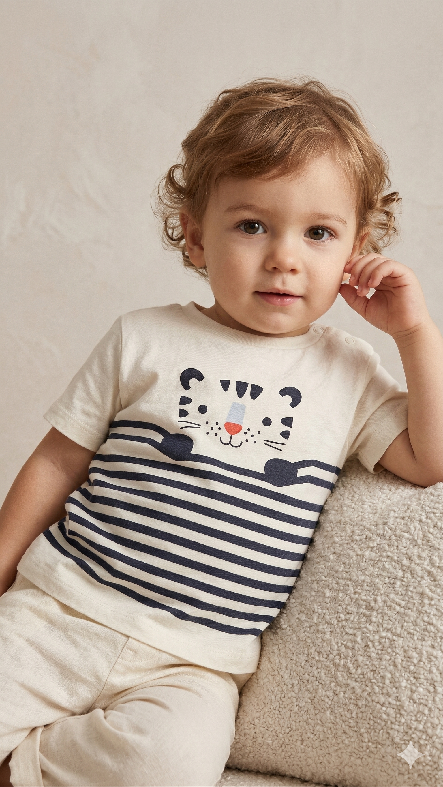 White Striped Childerns T-shirt with playful Tiger Motif (BG-000428)