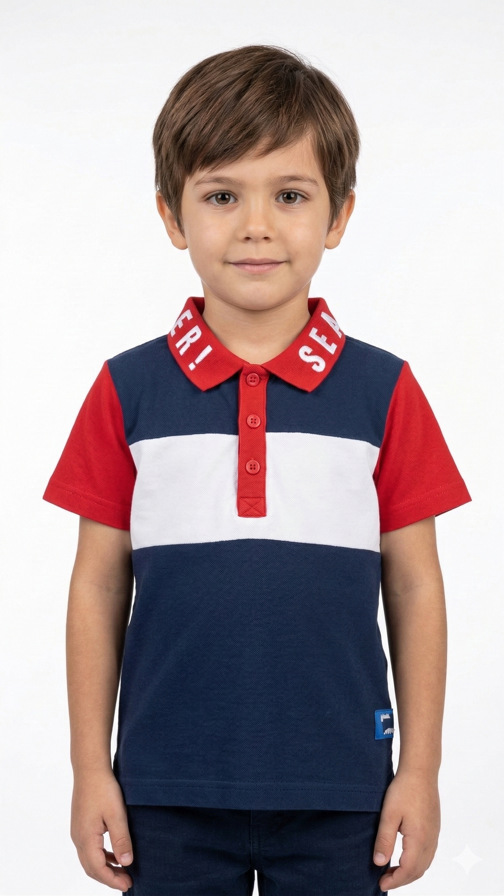 Boys Knit Polo Shirt with Red White & Navy Blue Design (BG-000407)