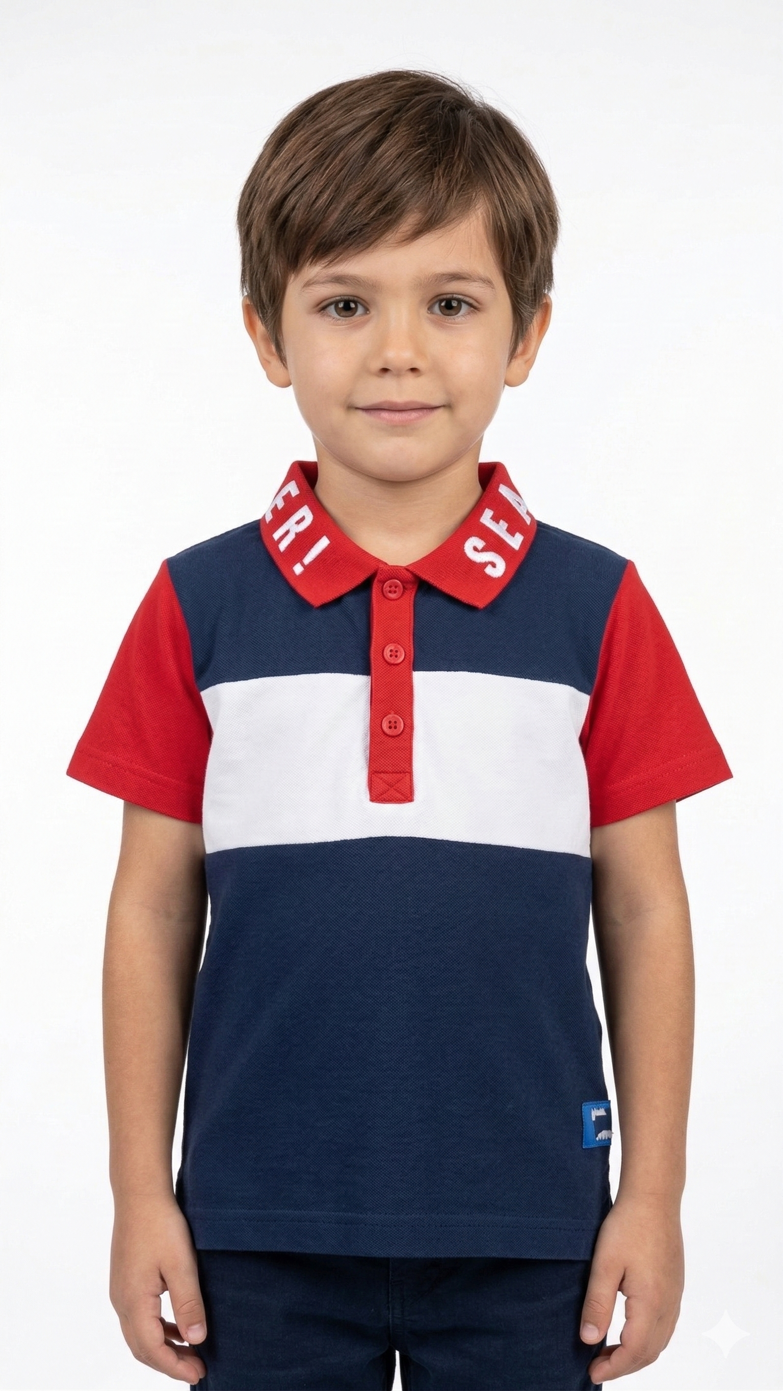 Boys Knit Polo Shirt with Red White & Navy Blue Design (BG-000407)