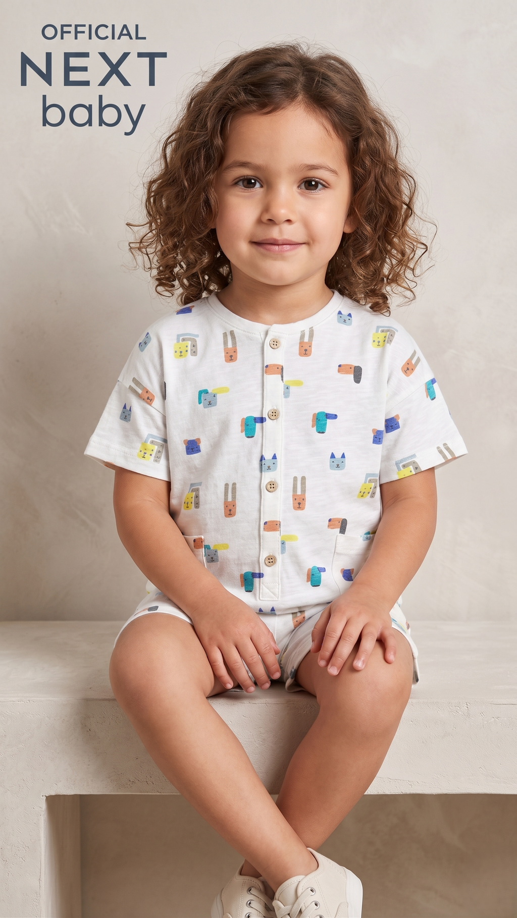Next Baby White Geometric Animal Print Button-Front Romper (BG-000588)
