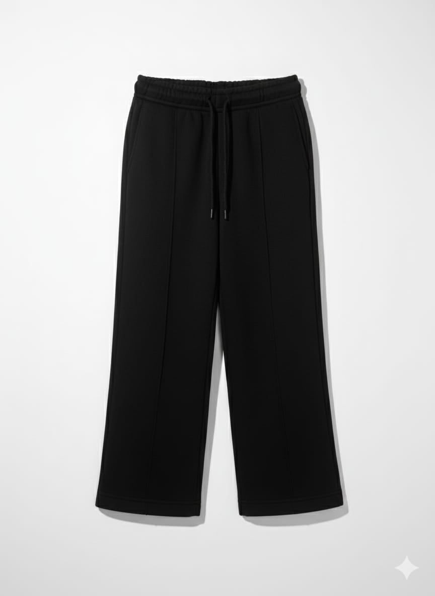 Girls' Solid Black Wide-Leg Sweatpants with Pintuck Detail