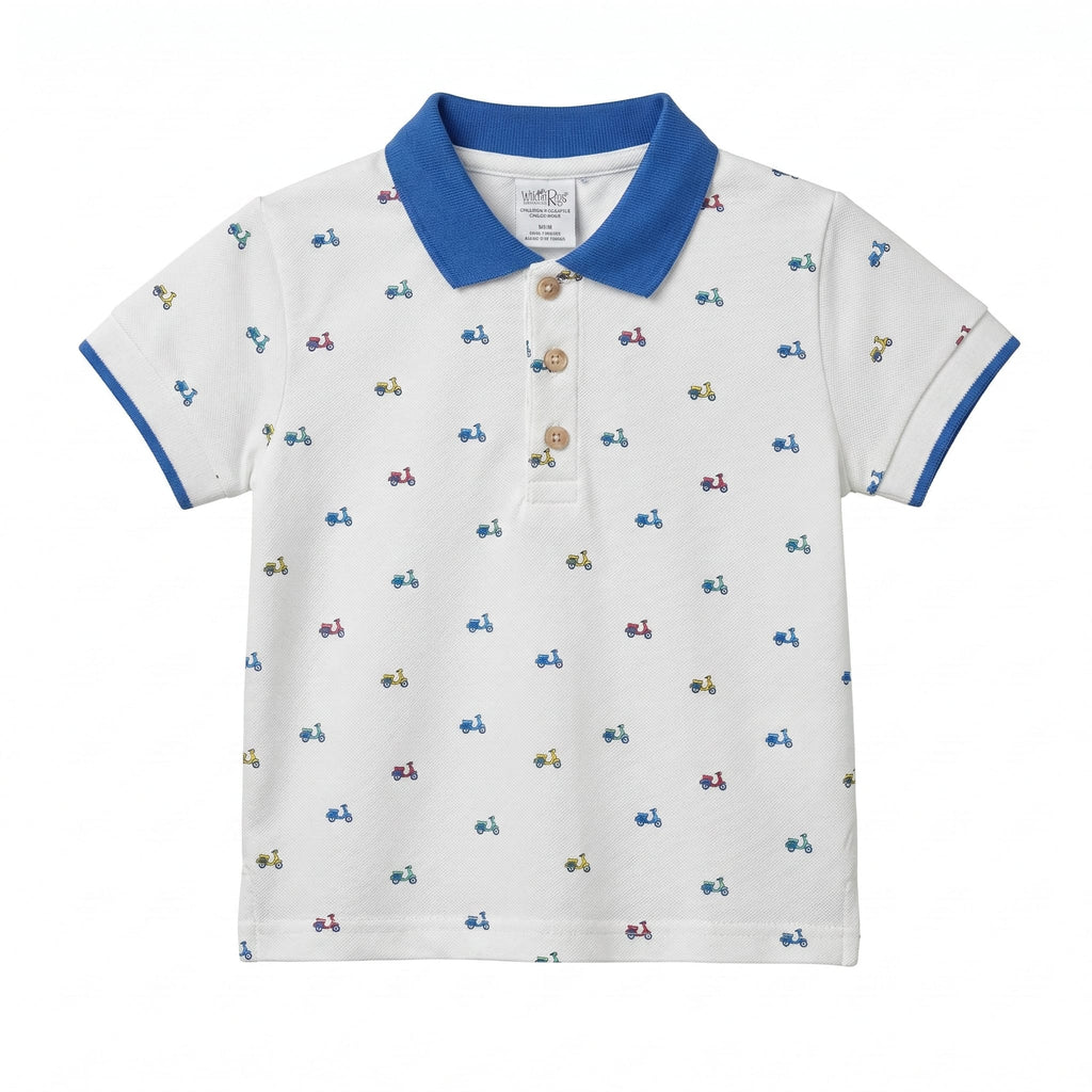 Boys White Pique Polo Shirt with Colorful Scooters (BG-000409)
