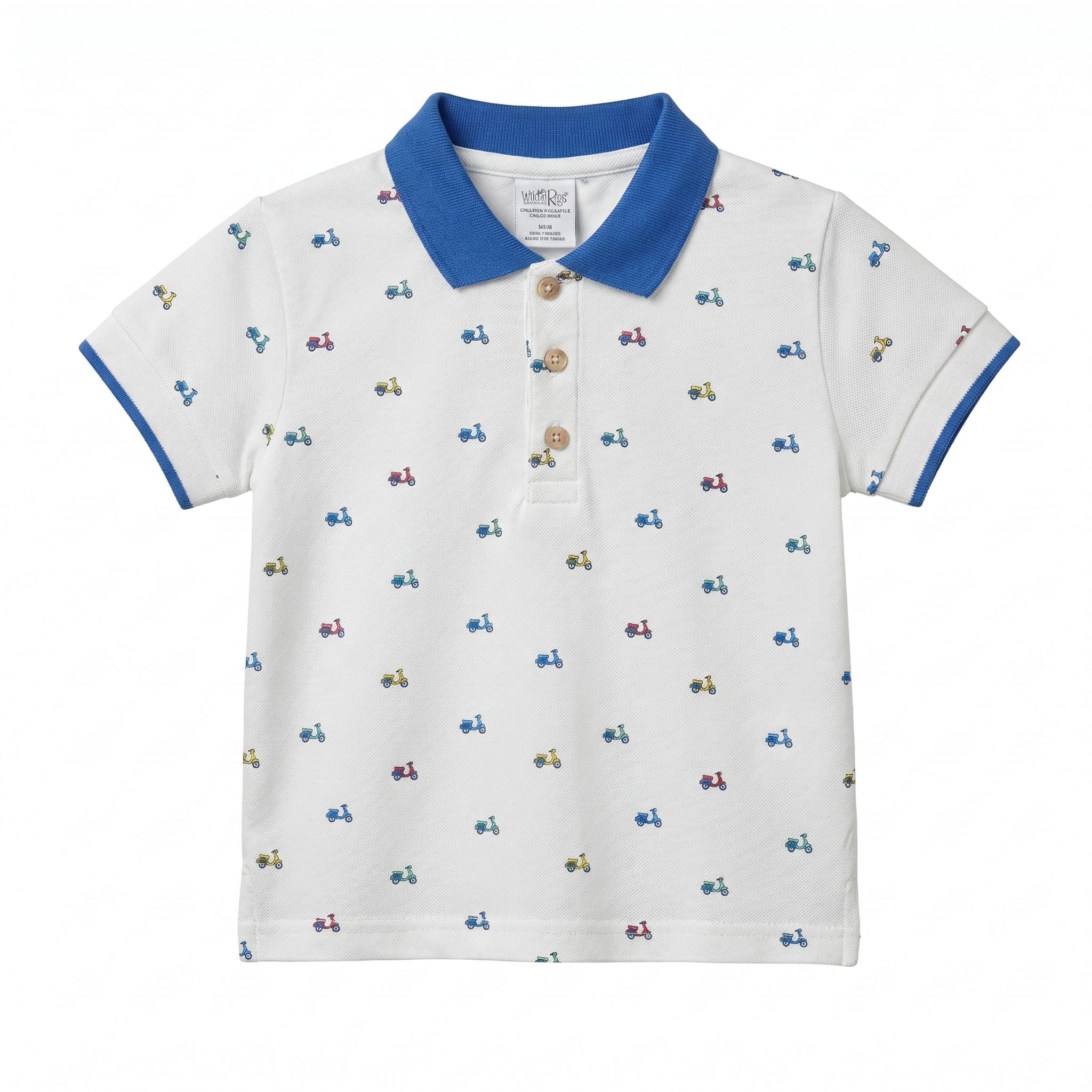 Boys White Pique Polo Shirt with Colorful Scooters (BG-000409)