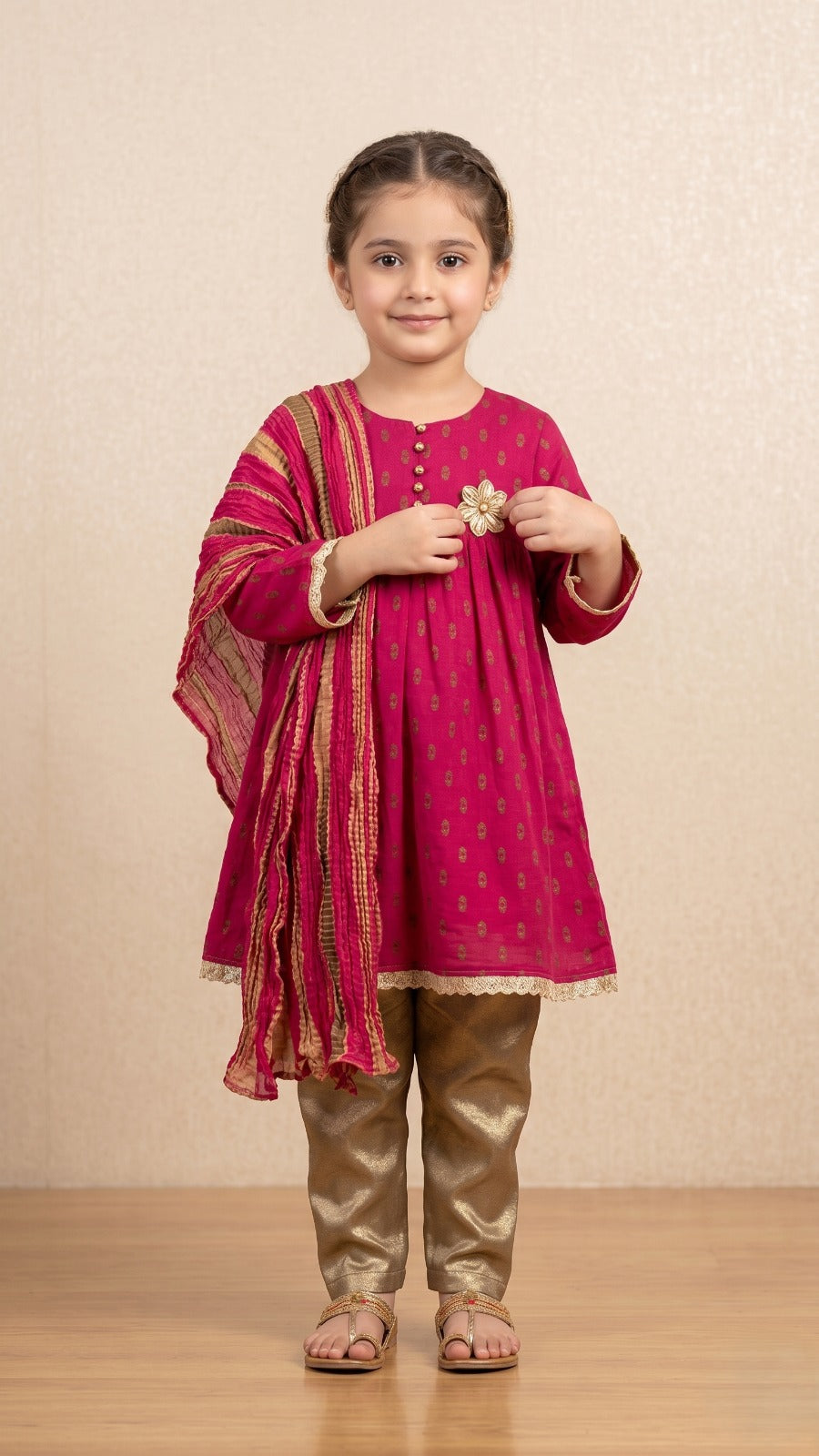 BREAKOUT PINK 3 PC WITH GOLDEN EMBROIDERY KURTI (BG-000813)