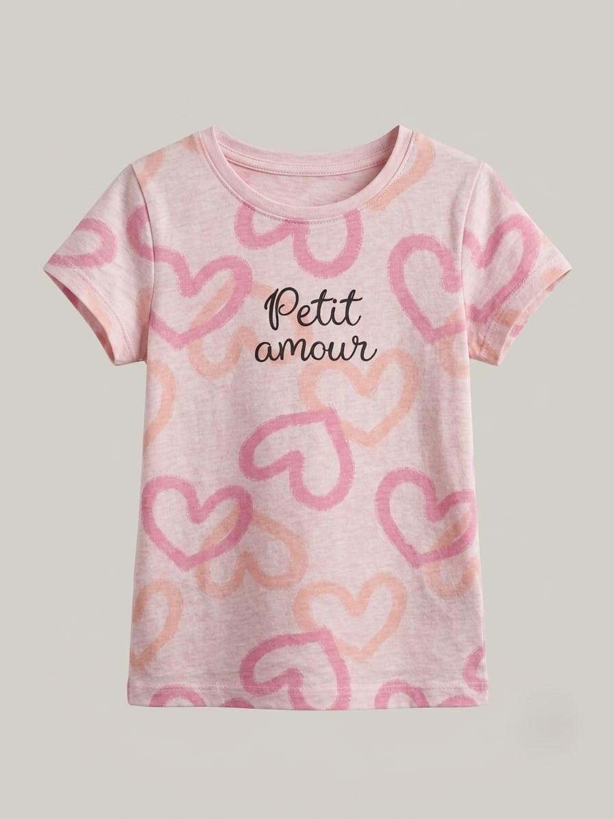 Girls' "Petit Amour" Heart Print Short Sleeve T-Shirt - Pink (BG-000442)