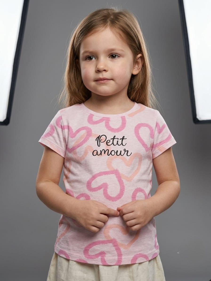 Girls' "Petit Amour" Heart Print Short Sleeve T-Shirt - Pink (BG-000442)