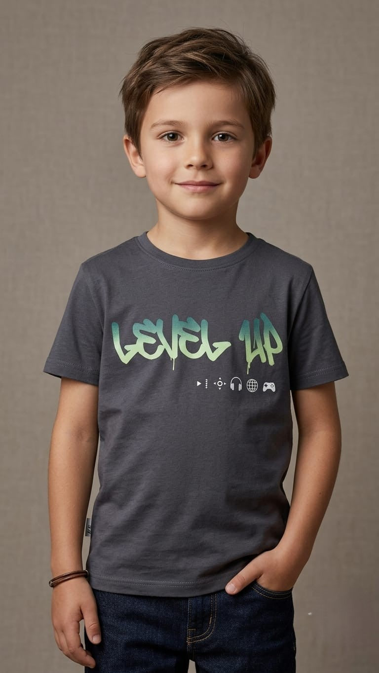 Boys' "Level Up" Graffiti Gamer Graphic T-Shirt - Charcoal Grey (BG-000481)