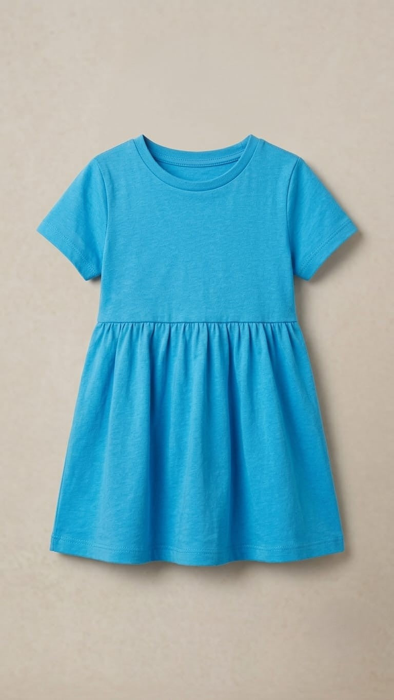 Girls' Solid Short Sleeve Gathered Waist Play Dress - Bright Blue (BG-000859)