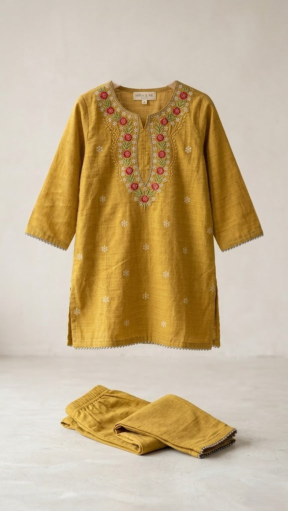 Mustard Grace – Floral V-Neck Hand-Crafted Co-ord 2 Piece (BG-000694)