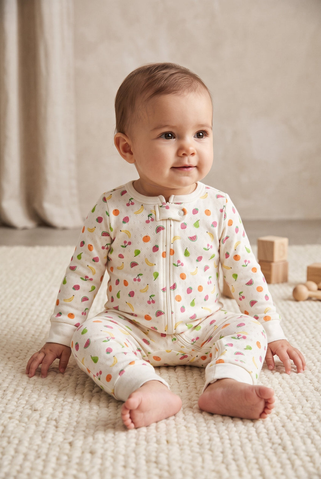 Baby Cream Colorful Fruit Print Zip-Up Footless Romper (BG-000999)