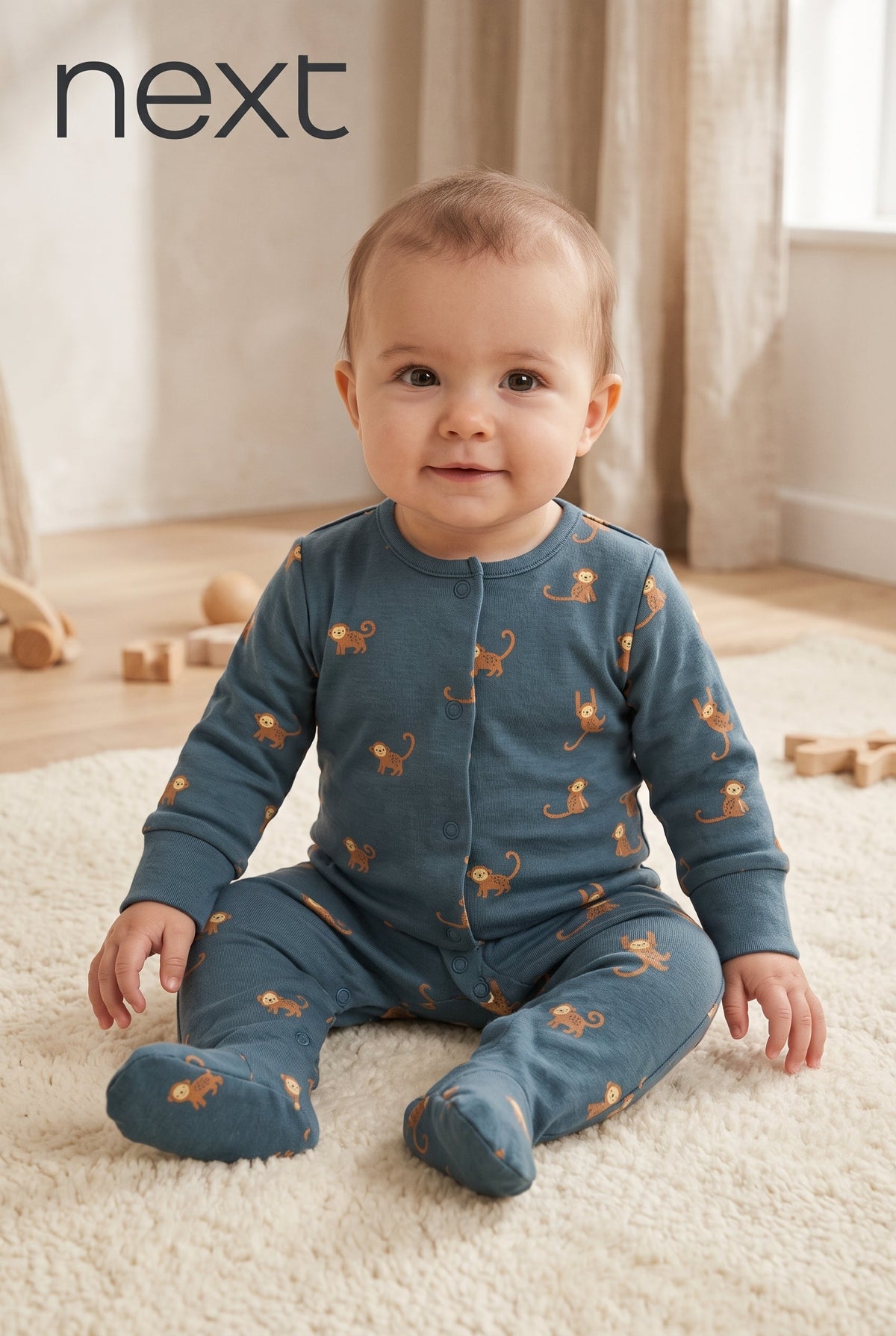 Baby Dusty Blue Monkey Print Button-Up Footed Sleepsuit Next (BG-000998)