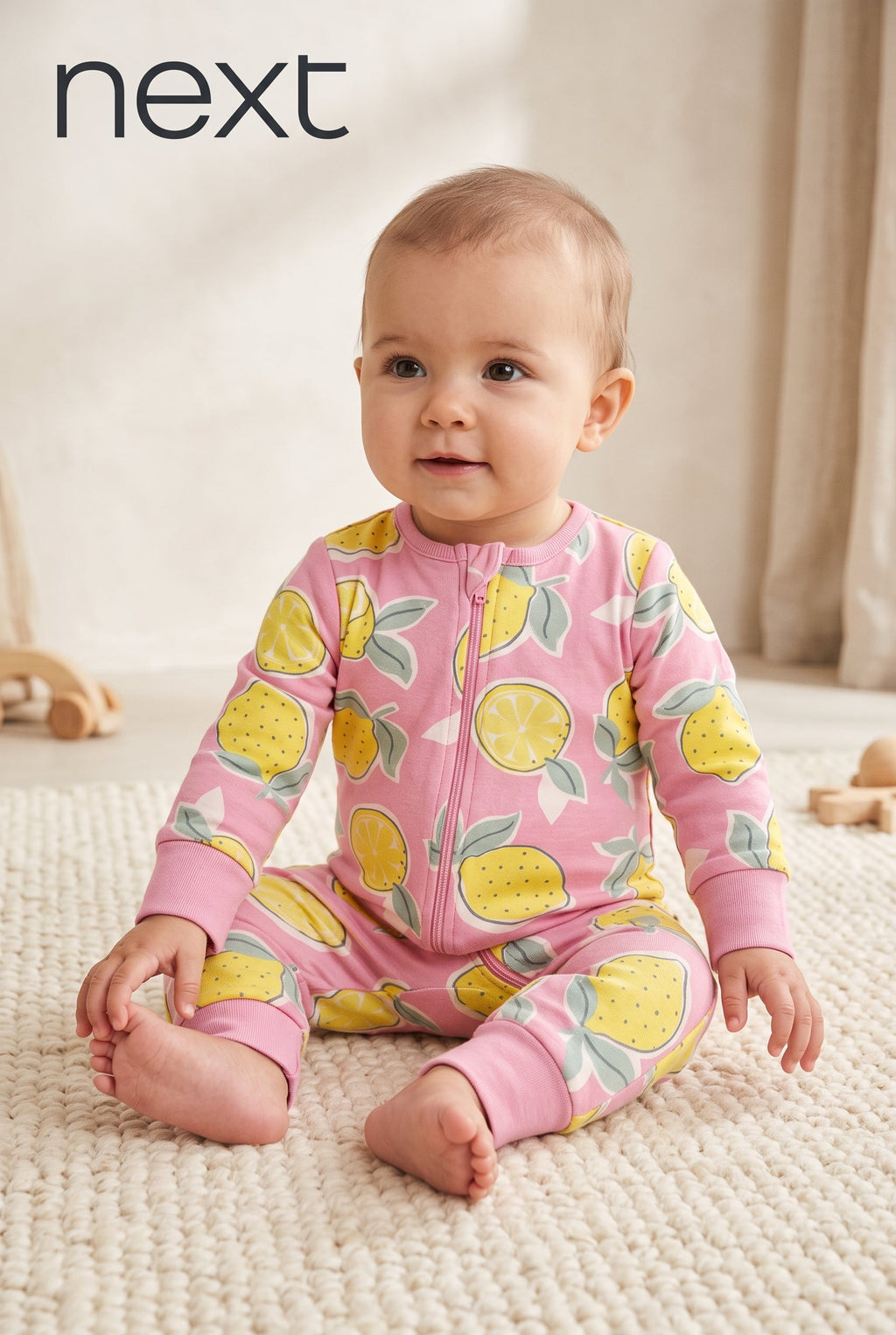 Baby Girls Pink Lemon Print Zip-Up Footless Romper Next (BG-000995)