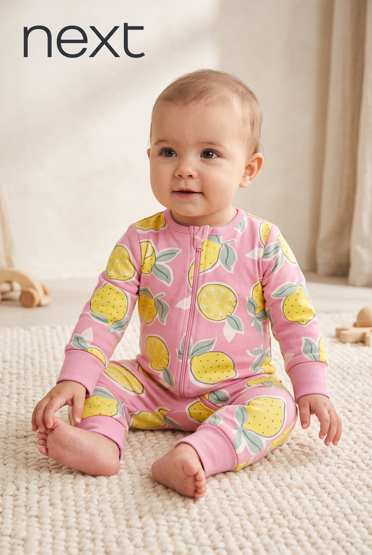 Baby Girls Pink Lemon Print Zip-Up Footless Romper Next (BG-000995)