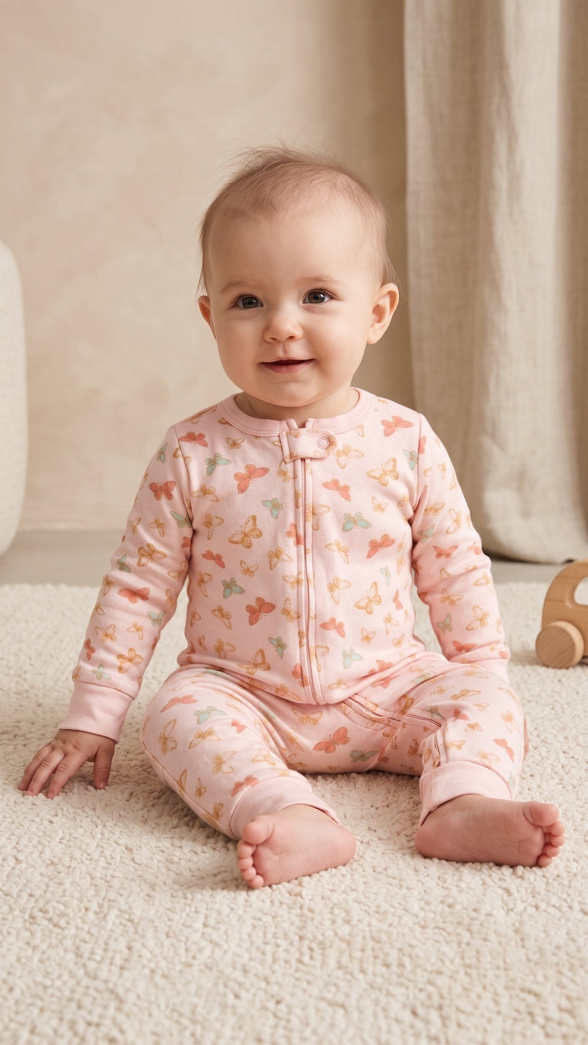 Baby Girls Soft Pink Butterfly Print Zip-Up Romper (BG-001000)