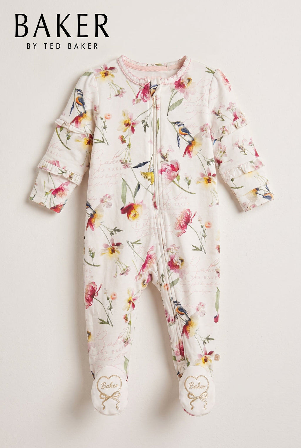 Baby Girls White Floral Zip-Up Footed Sleepsuit Baker by Ted Baker (BG-000993)