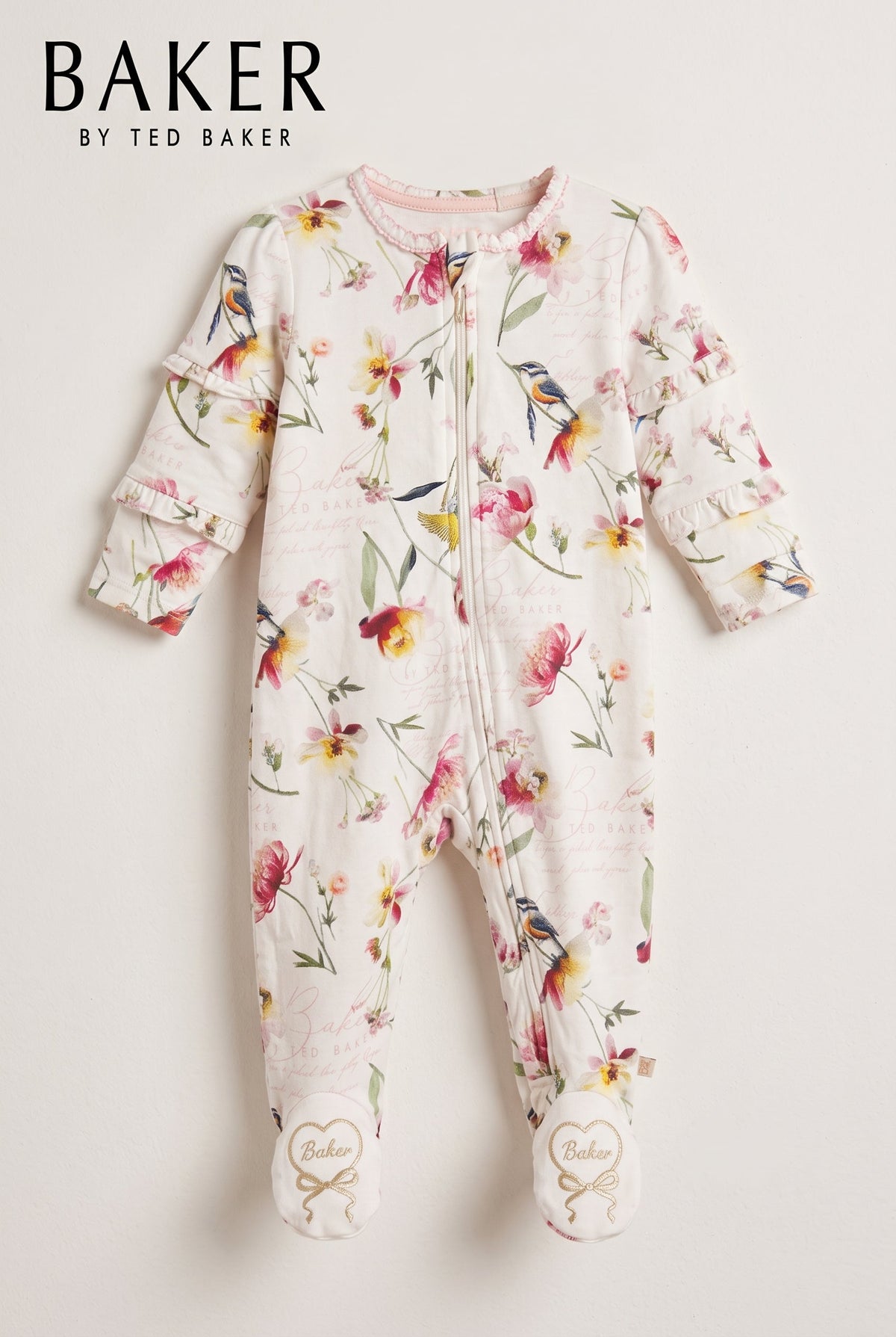 Baby Girls White Floral Zip-Up Footed Sleepsuit Baker by Ted Baker (BG-000993)