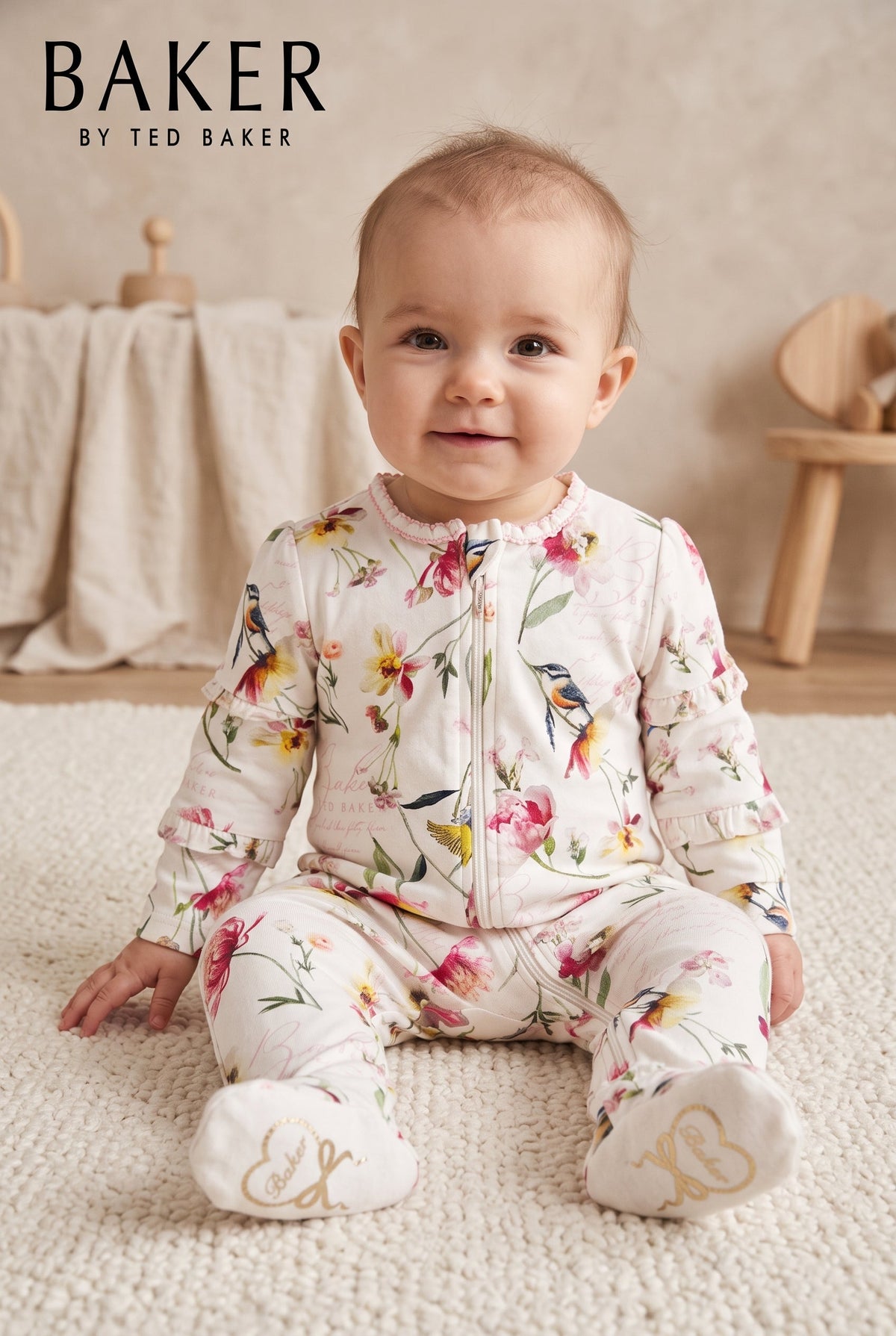 Baby Girls White Floral Zip-Up Footed Sleepsuit Baker by Ted Baker (BG-000993)