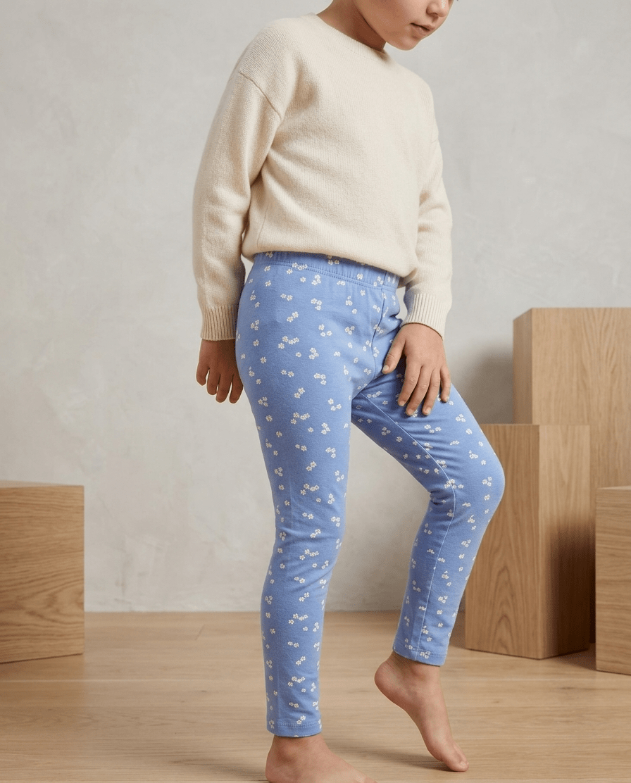 BABY GO LIGHT BLUE TIGHTS WITH WHITE FOLWERS PRINT (BG-000784) - girl tights