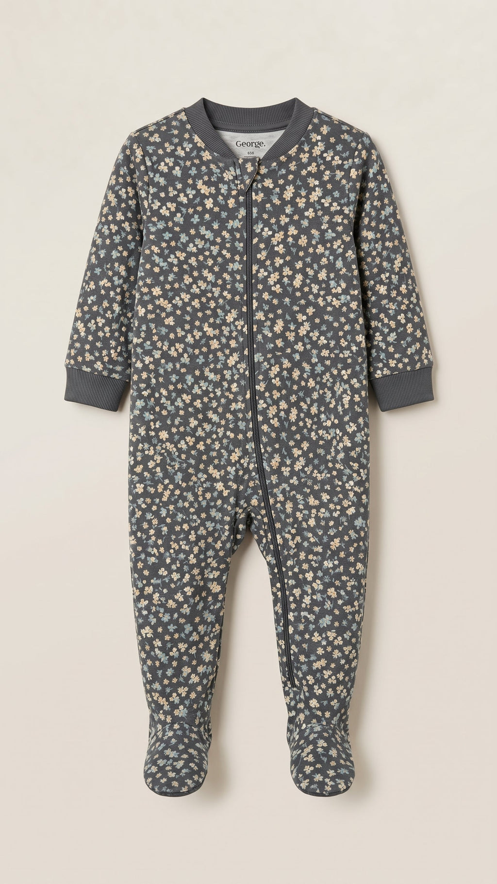 Baby Grey Floral Print Zip-Up Footed Sleepsuit George (BG-000962)