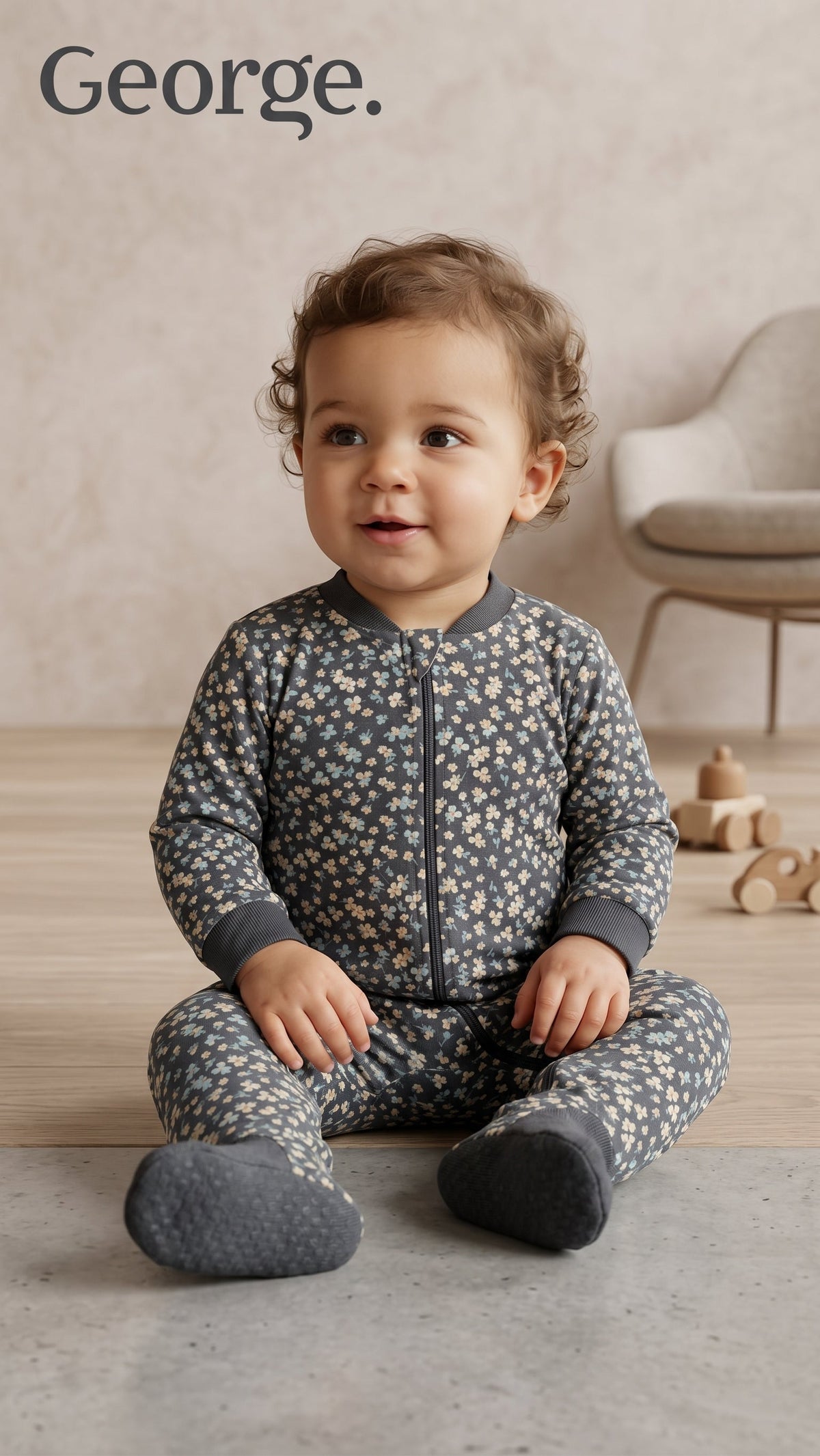 Baby Grey Floral Print Zip-Up Footed Sleepsuit George (BG-000962)