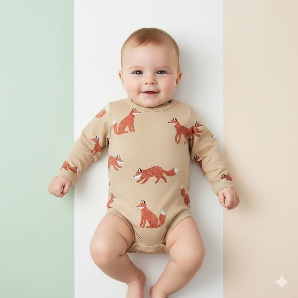 Baby Long Sleeve Bodysuit in Gold Fox Print (BG-000135)