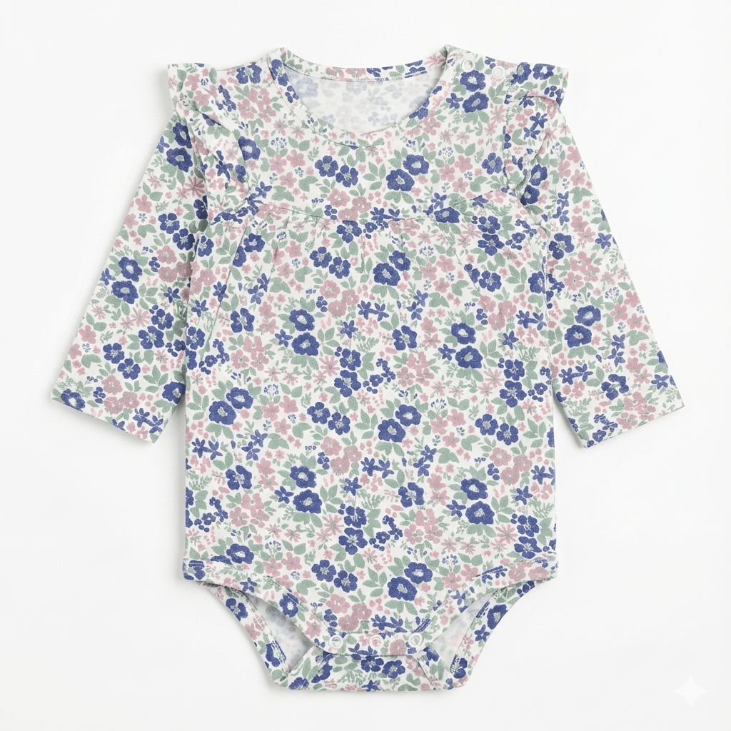 Baby Long Sleeve Bodysuit in Pink & Blue Floral Pattern (BG-000134)