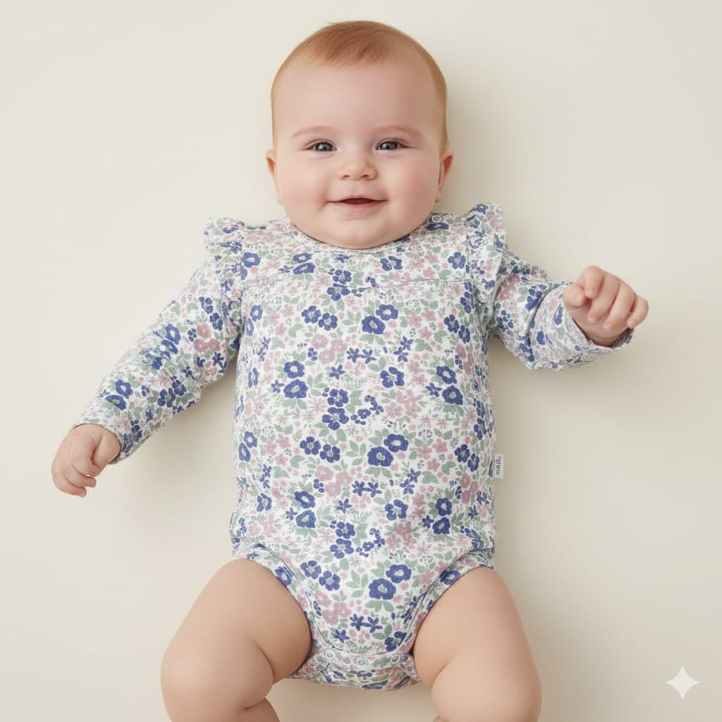 Baby Long Sleeve Bodysuit in Pink & Blue Floral Pattern (BG-000134)