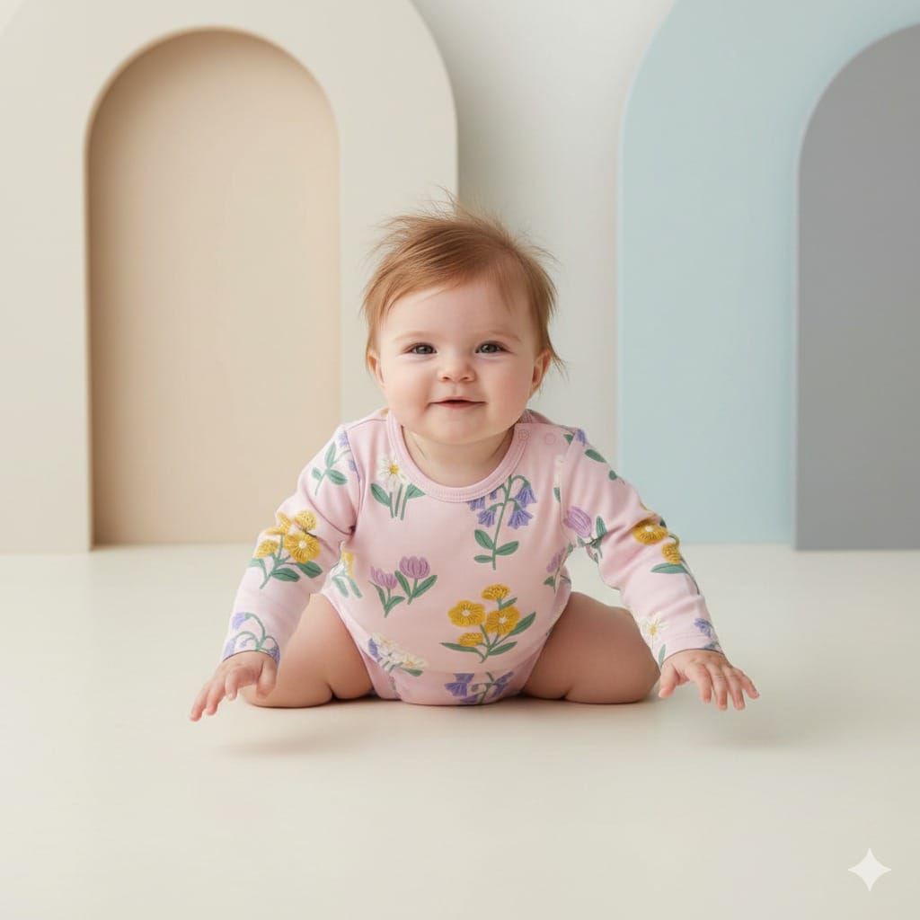 Baby Long Sleeve Bodysuit with Pink Floral Pattern (BG-000133)