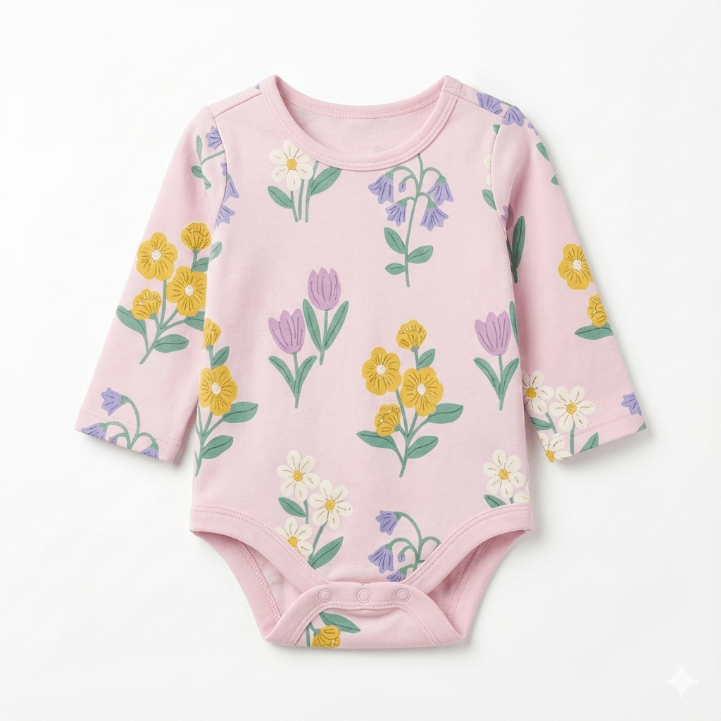 Baby Long Sleeve Bodysuit with Pink Floral Pattern (BG-000133)