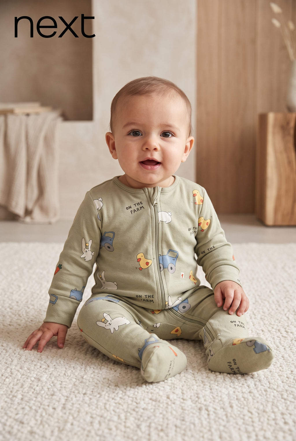Baby Sage Green "On The Farm" Print Zip-Up Footed Sleepsuit Next (BG-000997)