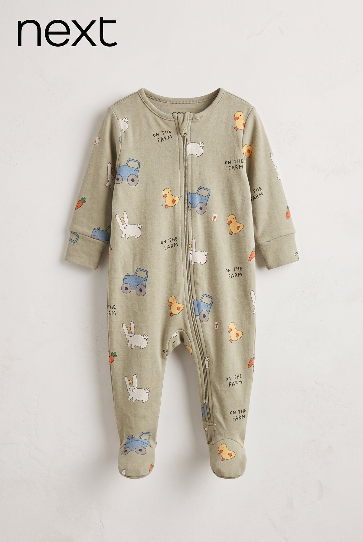 Baby Sage Green "On The Farm" Print Zip-Up Footed Sleepsuit Next (BG-000997)