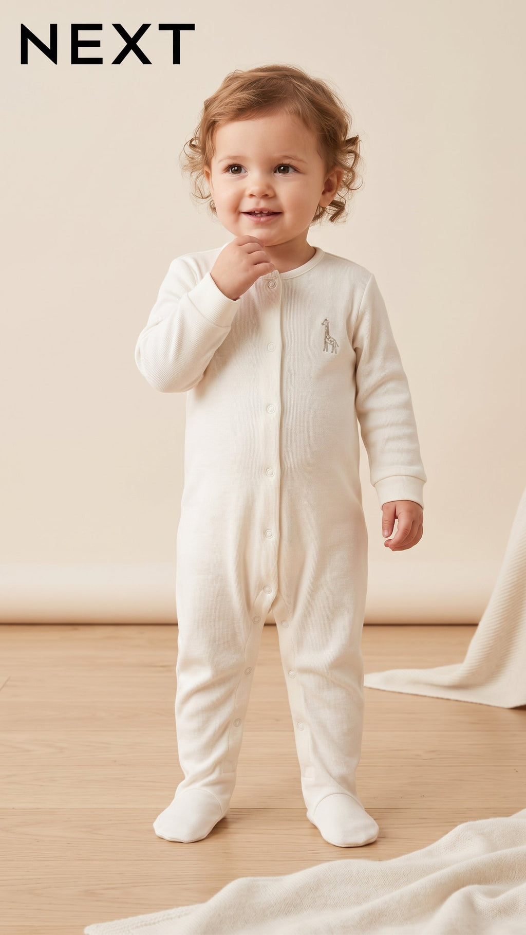 Baby White Ribbed Giraffe Embroidered Footed Sleepsuit Next (BG-000963)