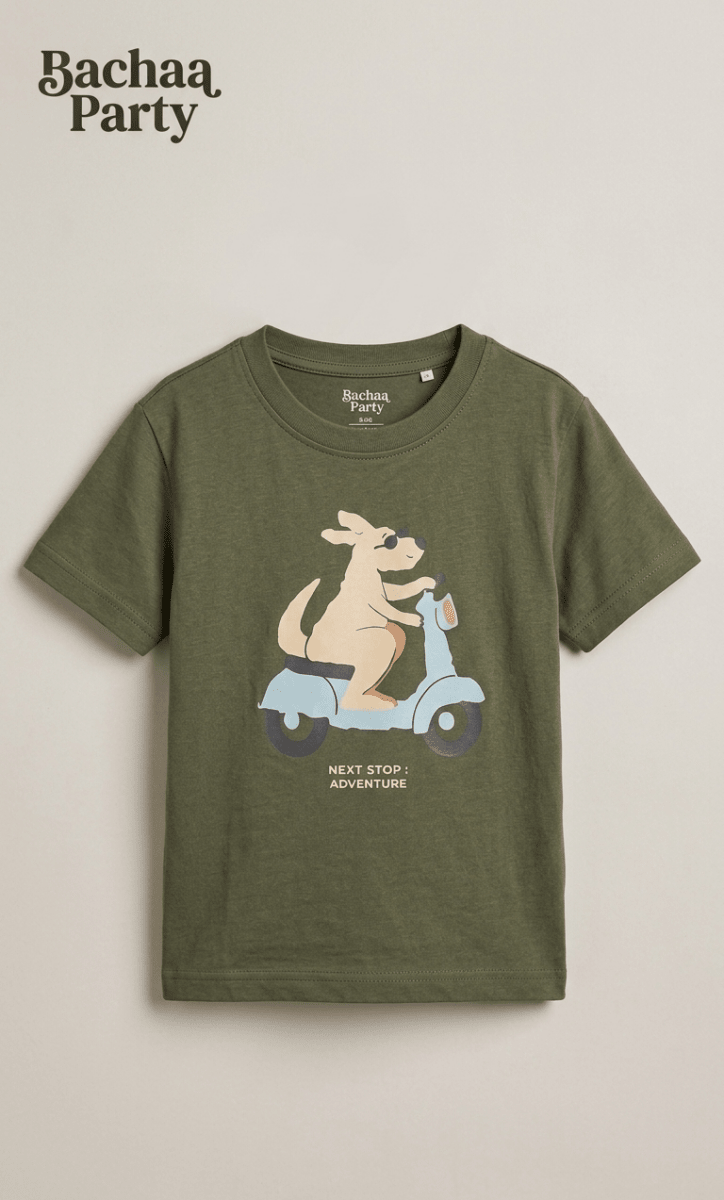 BACHAA PARTY GREEN SHIRT WITH KANGAARO ON SCOOTER PRINT (BG-000677) - boy tshirt