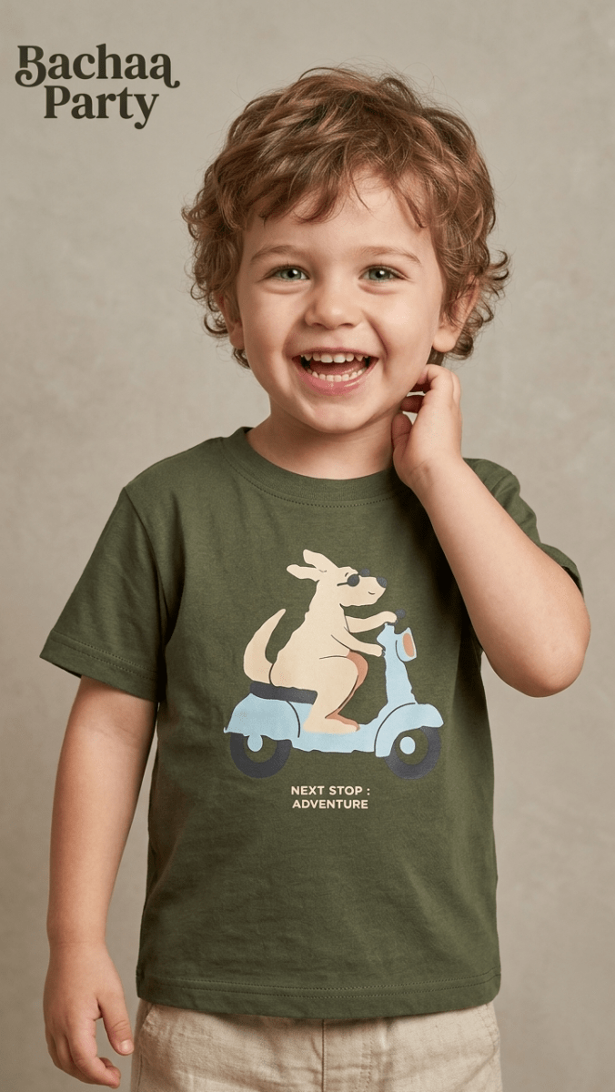 BACHAA PARTY GREEN SHIRT WITH KANGAARO ON SCOOTER PRINT (BG-000677) - boy tshirt