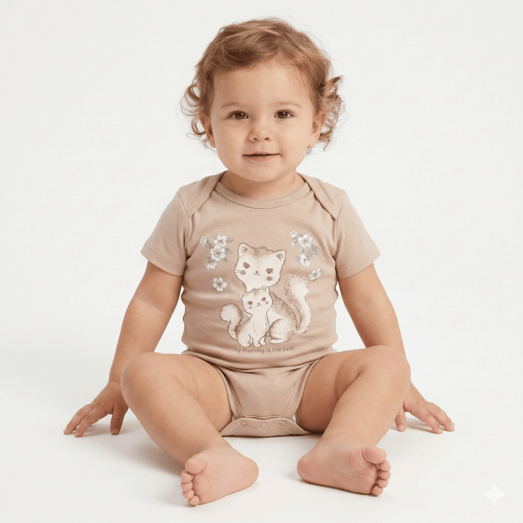 Beige Cat Illustration Bodysuit (BG-000415)
