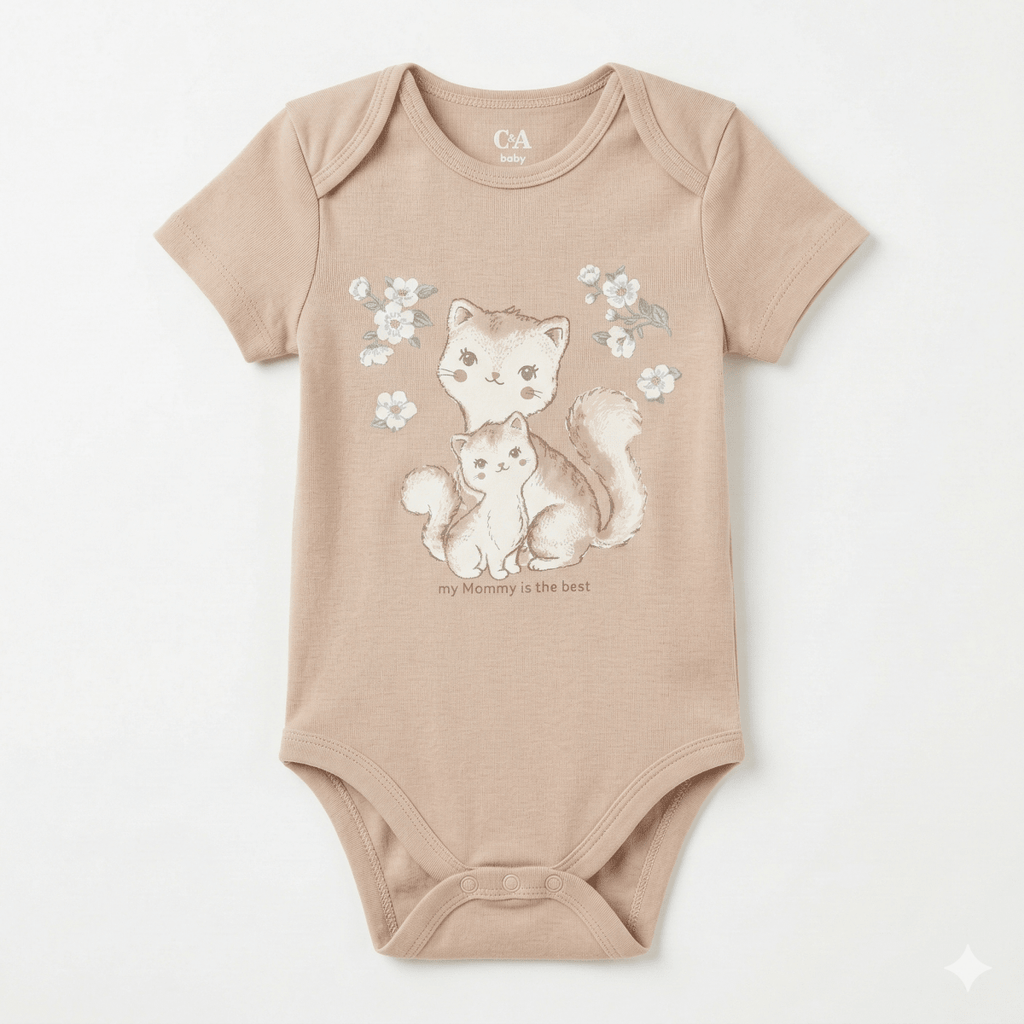 Beige Cat Illustration Bodysuit (BG-000415)