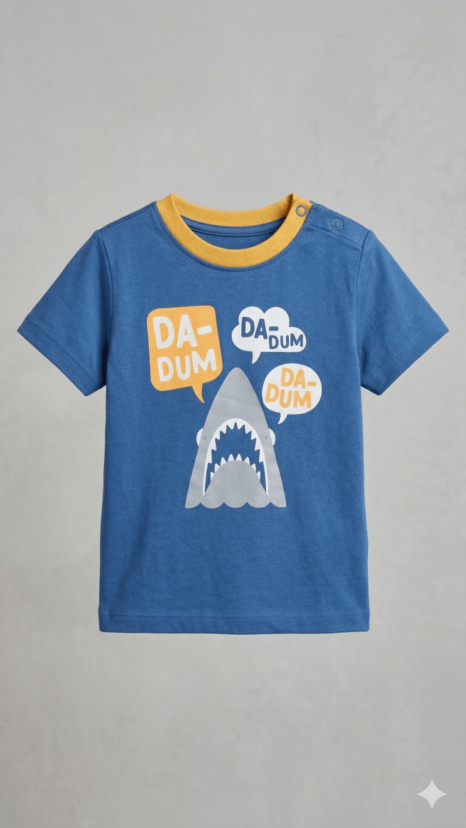 Blue Kids Short Sleeve T-shirt with Shark Graphic Print and saying Da Dum (BG-000429)