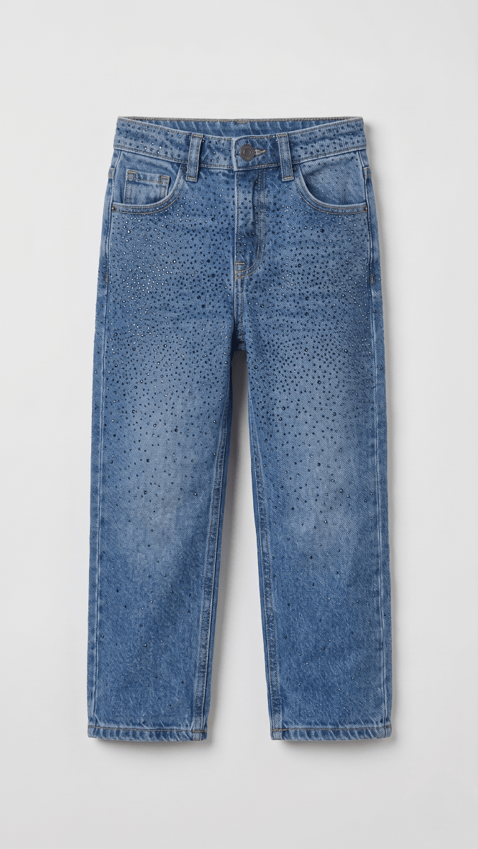 Blue Rhinestone Embellished Girls' Wide leg Jeans (BG-000682) - girls pants