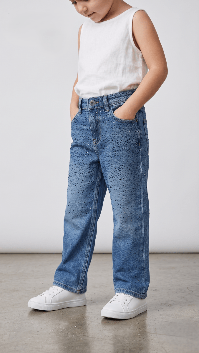 Blue Rhinestone Embellished Girls' Wide leg Jeans (BG-000682) - girls pants