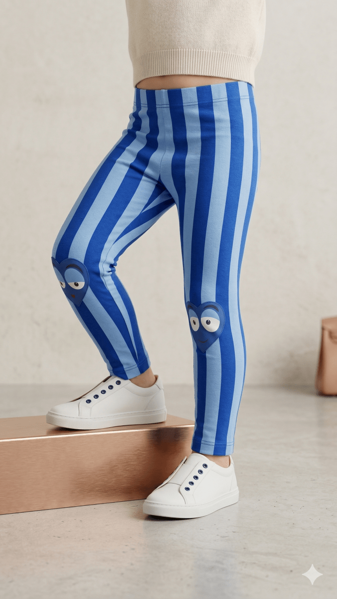 Blue Striped Heart-Eye Leggings (BG-000525) - girl tights