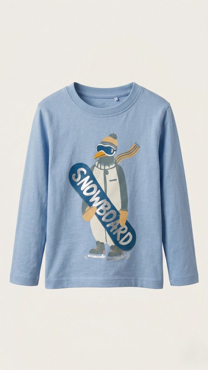 Blue with Pengiune and Snowboard (BG-000438) - boy tshirt