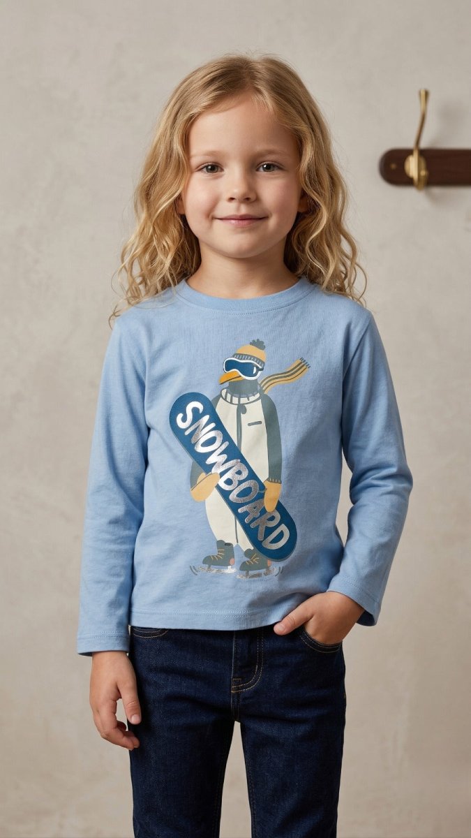 Blue with Pengiune and Snowboard (BG-000438) - boy tshirt
